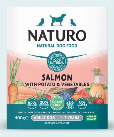 Embalagem de comida para cães NATURO sabor salmão com batata e vegetais