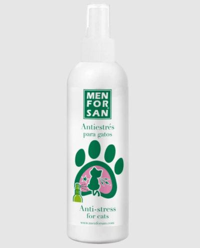 Frasco de spray branco para antiestresse de gatos da marca MEN FOR SAN