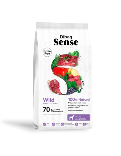 Saco branco de ração para cães Dibaq Sense Wild com imagens de carne e legumes.