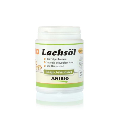 Frasco branco com suplemento Lachsöl com rótulo verde e amarelo