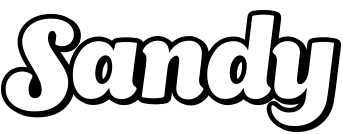 Logótipo da marca Sandy em branco sobre fundo preto