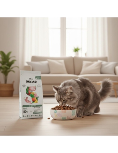 Saco de ração para gato Dibaq Sense Indoor Rabbit ao lado de gato cinzento a comer em tigela no interior de casa