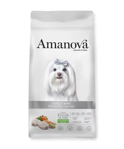 Embalagem de ração Amanovâ para cães adultos mini com imagem de cão branco