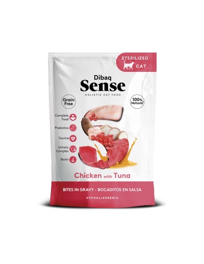 Pacote de comida húmida para gatos com design branco e vermelho e texto explicativo