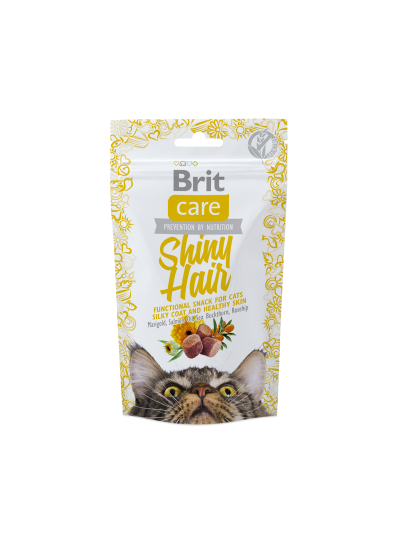 Saqueta de petisco para gatos Brit care Shiny Hair com design floral amarelo e imagem de gato.