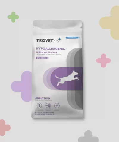 Embalagem de ração para cães TROVET PLUS HYPOALLERGENIC com ilustração de cão saltando