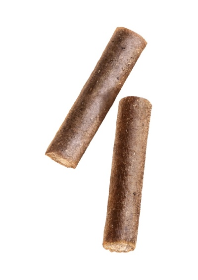 Duas barras cilíndricas castanhas com textura rugosa sobre fundo branco