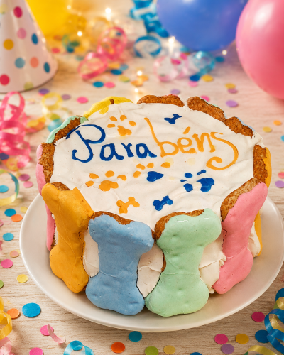 Bolo decorado com biscoitos coloridos em forma de osso e texto Parabéns