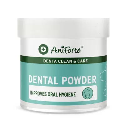 Pote branco de pó dental AniForte Denta Clean & Care com rótulo verde