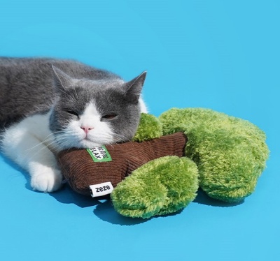 Gato cinzento e branco deitado com cabeça em almofada castanha e almofada verde ao lado, sobre fundo azul