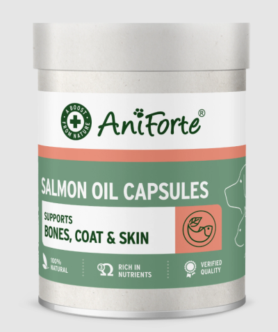Frasco de cápsulas de óleo de salmão AniForte para cães