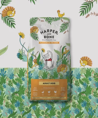 Pacote de comida para cães Harper and Bone com ilustrações de plantas e animais