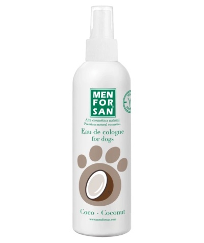 Frasco branco de spray para cães com fragrância de coco