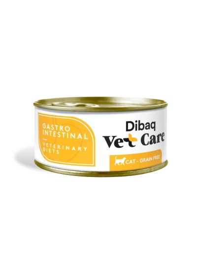 Lata de comida húmida para gatos com rótulo branco e amarelo