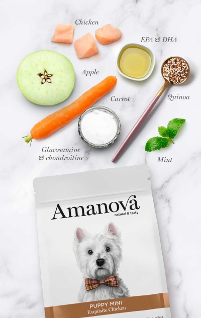Embalagem de alimento para cão Amanova Puppy Mini com ingredientes naturais à volta