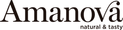 Logótipo da marca Amanova com o texto natural & tasty em cor castanha
