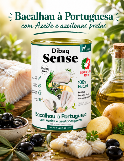 Lata de comida para cão Dibaq Sense bacalhau com azeite e azeitonas pretas