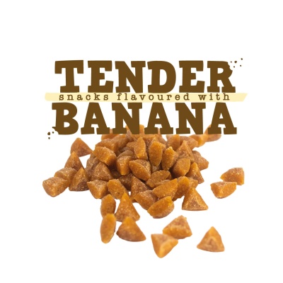 Pequenos snacks castanho claro com textura granada e texto TENDER BANANA