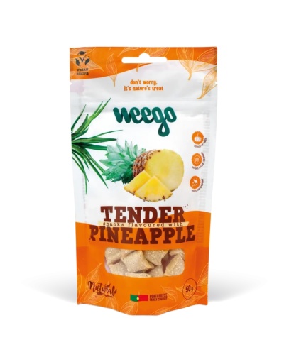 Embalagem de snacks sabor ananás Weego com 50g e design branco e laranja