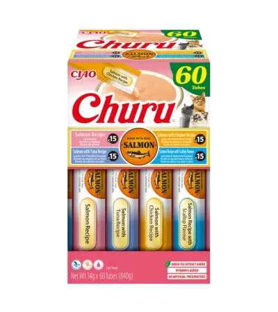 Caixa de petiscos para gatos Churu com diversos sabores e embalagem colorida.