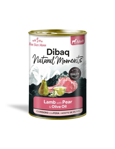 Lata de comida para cães DibaQ sabor cordeiro com pera e azeite de oliva