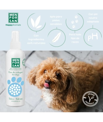 Frasco branco de Eau de Cologne para cães MEN FOR SAN e cão castanho claro com pêlo encaracolado