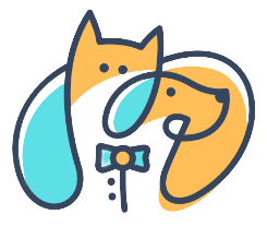 Logotipo estilizado com cão e gato entrelaçados em azul claro, laranja e preto