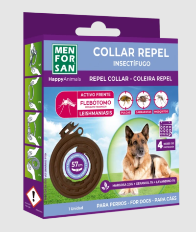 Embalagem de coleira repelente para cães Menforsan com imagens e texto