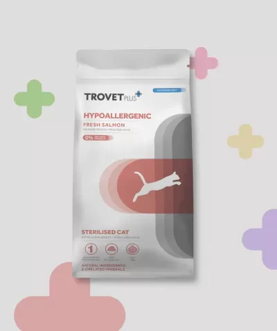 Embalagem branca de ração para gatos esterilizados TROVET PLUS