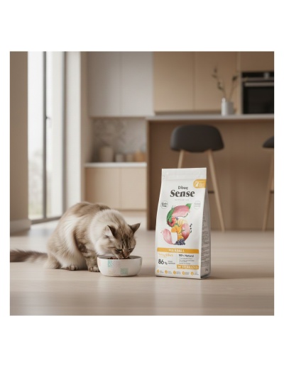 Gato a comer ração ao lado de pacote de ração Dibaq Sense Hairball