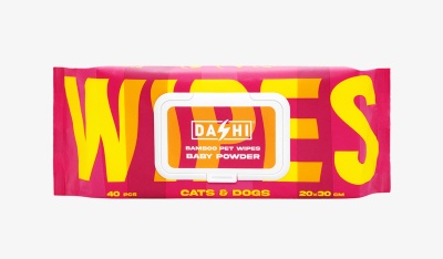 Pacote de lenços húmidos para animais de estimação DASHI na embalagem rosa com letras amarelas