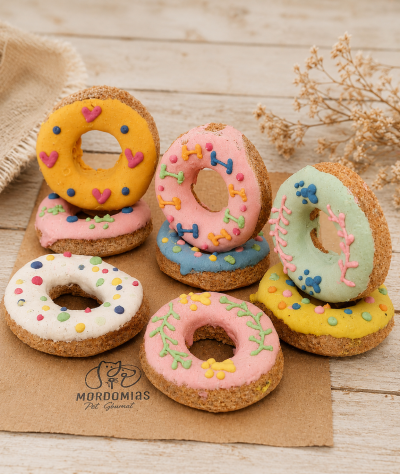 Donuts para cães coloridos decorados em fundo de madeira claro.