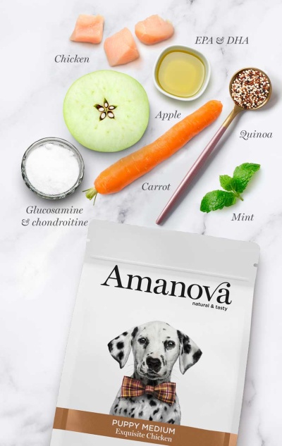 Embalagem de ração Amanova para cachorros com ingredientes naturais ao fundo