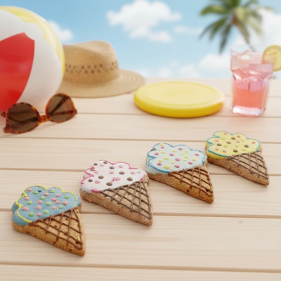 Bolachas em forma de gelado com glacé colorido sobre mesa de madeira com acessórios de praia ao fundo