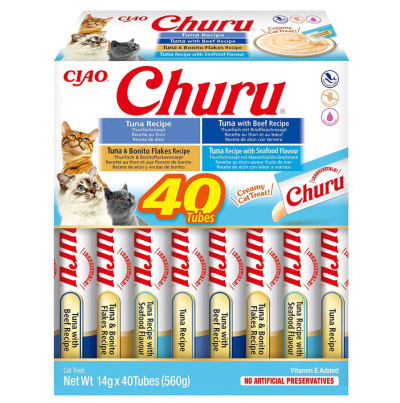 Pacote de petiscos para gatos Ciao Churu com 40 tubos em três variedades de sabor