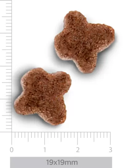 Pedaços de ração castanha em forma de estrela com textura granulada