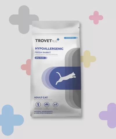 Saco branco de ração para gato TROVET PLUS Hypoallergenic Fresh Rabbit com design colorido.