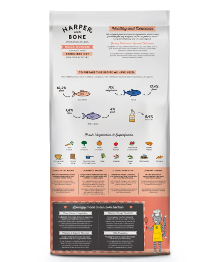 Embalagem de ração para gato Harper Bone Ocean Wonders com imagens de peixes e vegetais frescos