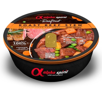 Tigela de comida húmida para cães Alpha Spirit Roast Beef Stew com imagem de estufado de carne