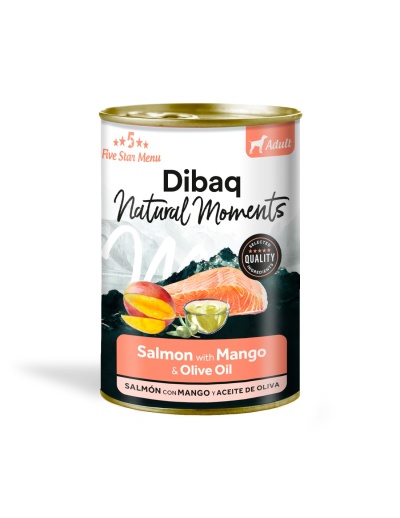 Lata de comida para cão Dibaq Natural Moments sabor Salmão com Manga e Azeite de Oliva
