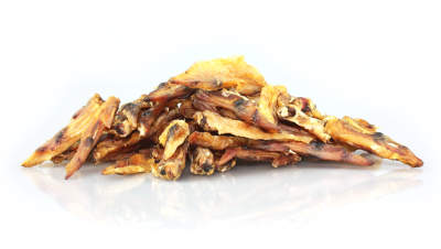 Monte de ossos secos castanhos claros sobre superfície branca