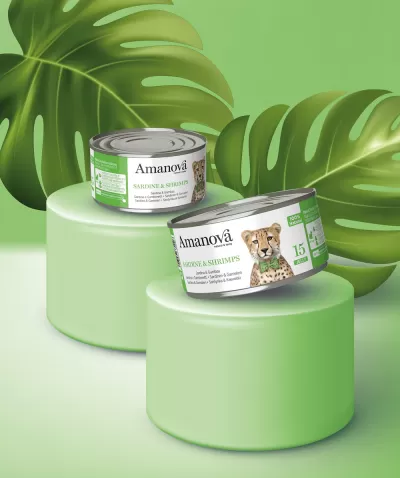 Duas latas de comida Amanová para cães sabor Sardinha e Camarão com fundo verde e folhas de monstera