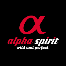 Logótipo com texto 'alpha spirit wild and perfect' sobre fundo preto