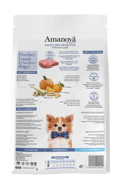 Saco de ração Amnova Adult Mini Sensitive para cães com imagem de cão pequeno e lista de ingredientes e benefícios