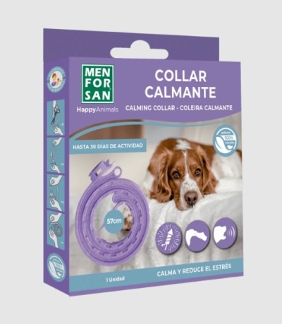 Colar calmante lilás para cães Men For San na embalagem roxa com imagem de cachorro