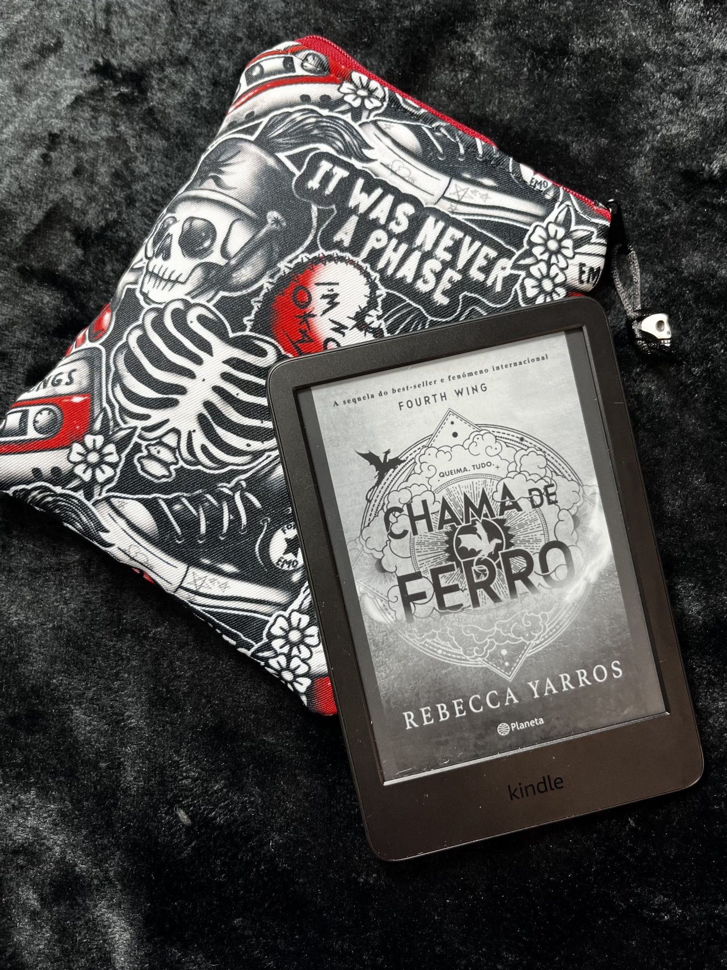 It Was Never a Phase E-Reader Kindle e-reader with book cover and a pouch with skeleton design and text