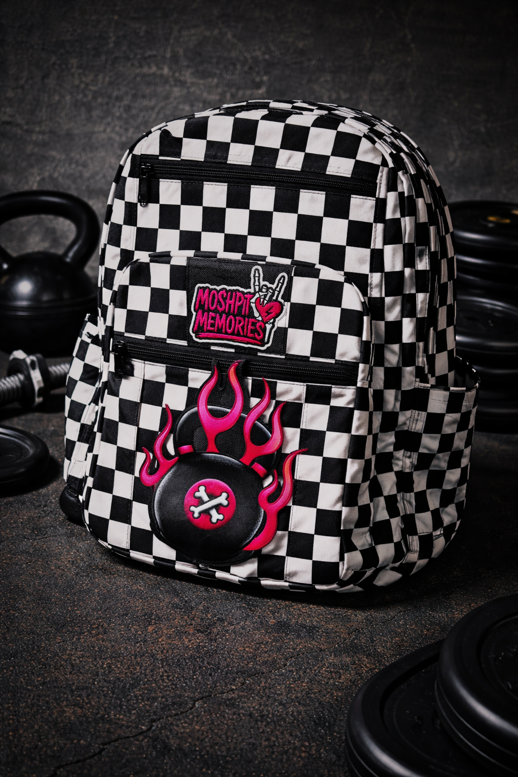 Gym Backpack - Pit Checker Checkered backpack with MOSHPIT MEMORIES patch and flame design on front pocket.