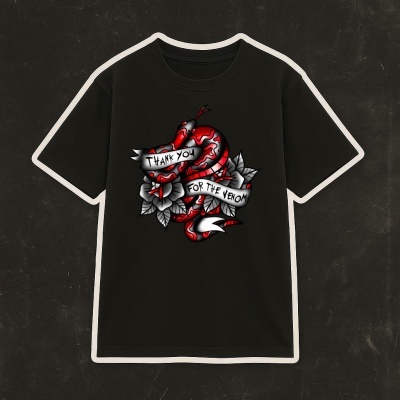 Black T-shirt with red snake and banner graphic
