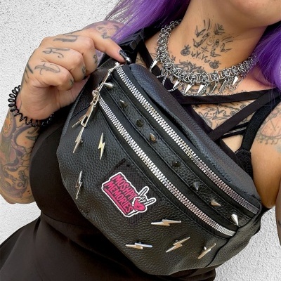 Black leather crossbody bag with spikes, studs, and MOSHPIT MEMORIES patch