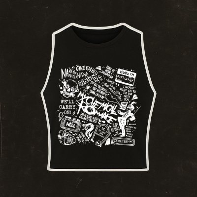 Black sleeveless crop top with white graphic text and drawings